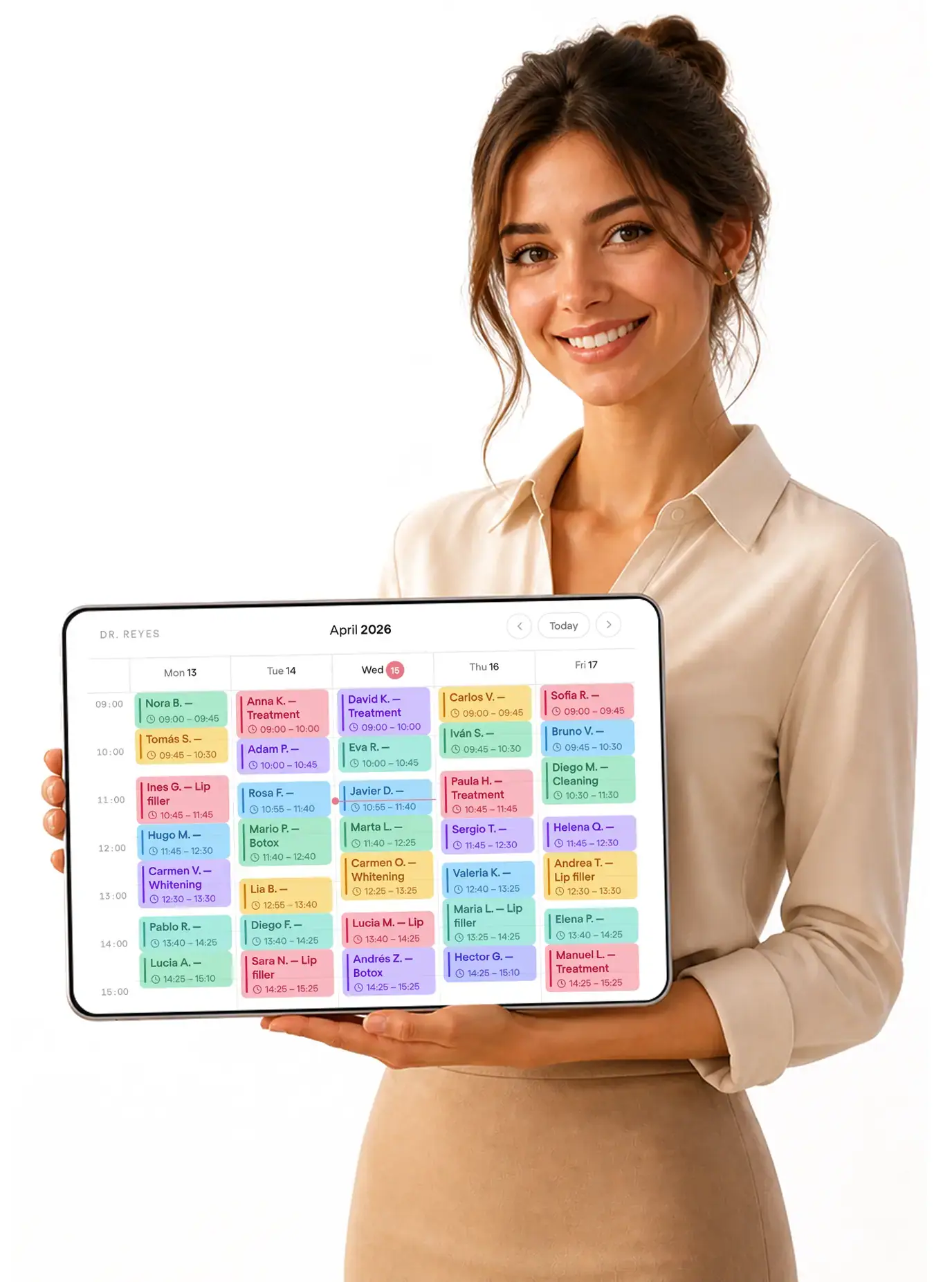 Receptionist holding a tablet showing the clinic's booking calendar