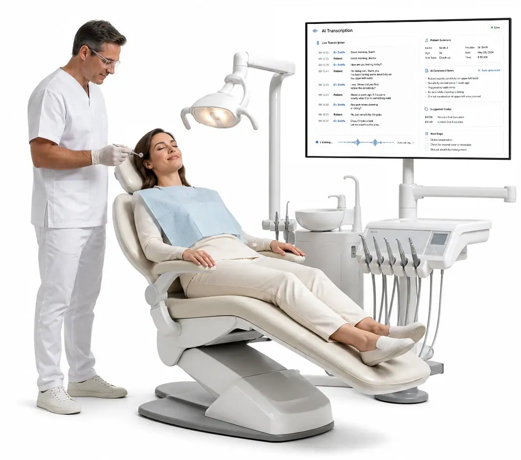 Dentist with patient in a dental chair, in-room monitor showing live transcription
